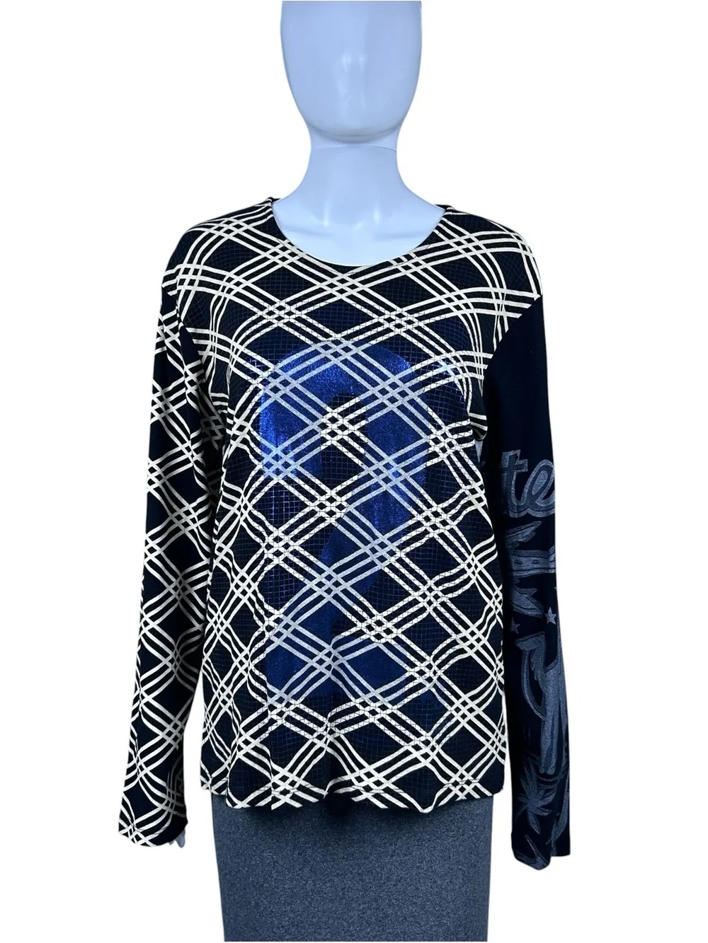 Vintage 90s Custo Barcelona Blue Tower Graphic Print Long Sleeve Top S Rare Y2K